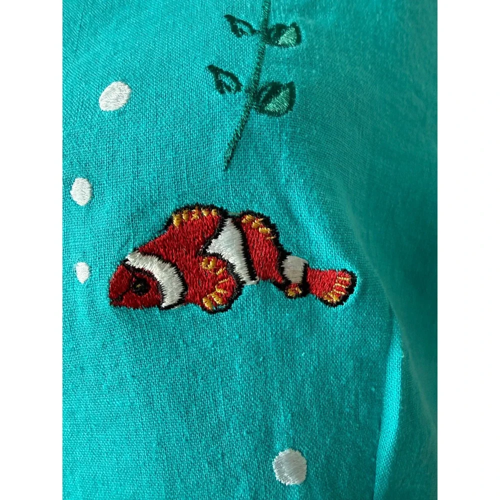 Ultra Dress New York Turquoise Linen Blend Tropical Fish Embroidered Top Size 14